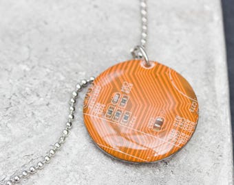 SALE Last one left - Orange circuit board round necklace