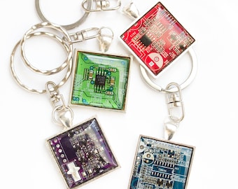 Recycled circuit board keychain - geeky gift - gifts for him - square, resin