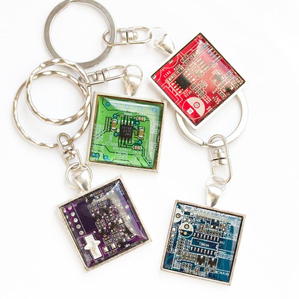 Recycled circuit board keychain - geeky gift - gifts for him - square, resin