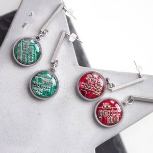 Stud earrings with 15mm round circuit board pendants, steel wires image 1