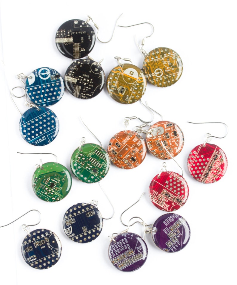 Circuit board earrings Geeky earrings recycled computer round dangle earrings 23 mm, resin image 3