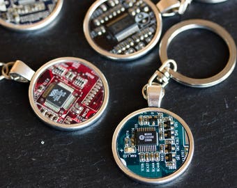 Circuit board Keychain, recycled gift for computer nerd, cool Geeky Keyring, tech gift