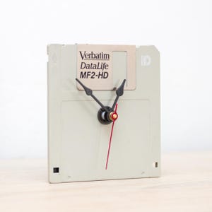 Gray recycled floppy disk desk clock, ready to ship