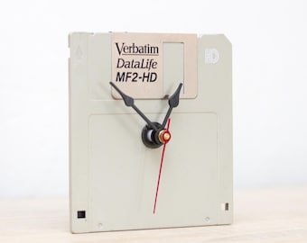 Gray recycled floppy disk desk clock, ready to ship