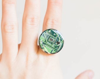 Big round ring - circuit board ring - computer jewelry - geekery - statement ring