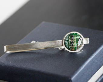 Silver Tie bar, Circuit board Tie slide, sterling silver tie clip, groomsmen tie bars, tie holder, gift for husband