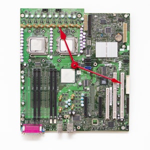 Geeky Wall clock, recycled Computer motherboard with two PCU, green, ready to ship