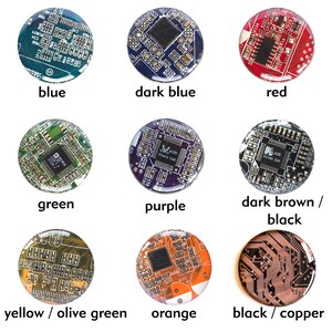 May include: Nine round, colorful circuit board designs. Colors include blue, dark blue, red, green, purple, dark brown/black, yellow/olive green, orange, and black/copper. Each design has a different color and the text labels the color of each design.