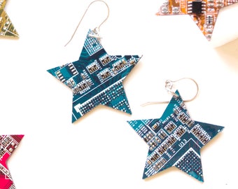 Circuit board star earrings, cool unusual earrings, recycled, techie, steampunk