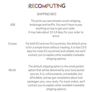 May include: The image displays the word "RECOMPUTING" in a multi-colored font above the text "SHIPPING INFO." Below, shipping details are provided for the USA, Europe, and World, outlining delivery times and options.