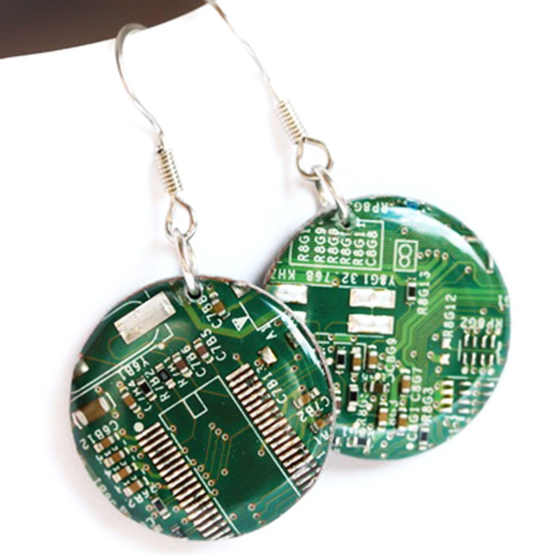 Circuit board earrings Geeky earrings recycled computer round dangle earrings 23 mm, resin image 1