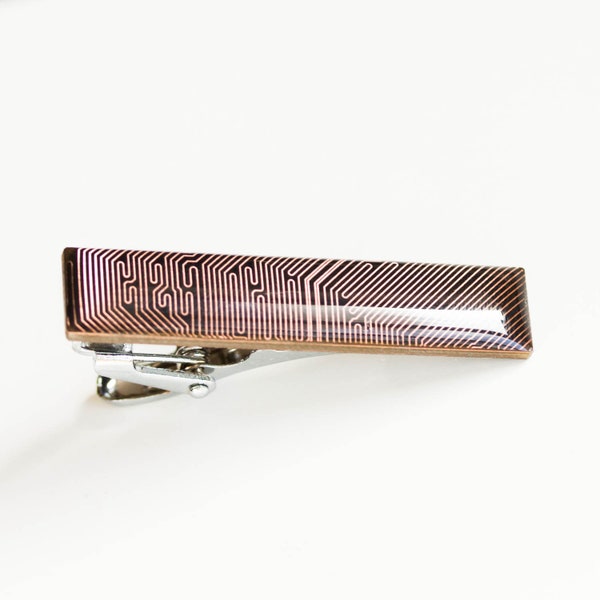 Black and Copper Circuit board Tie clip, tie bar, groomsmen tie clips, gift for husband - short, resin