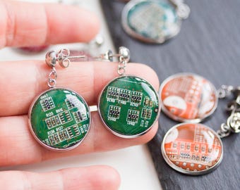 Oorbellen printplaat - Geeky-oorbellen - gerecyclede computer - ronde hangoorbellen