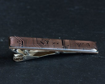 Black and Copper Circuit board Tie clip, tie bar, groomsmen tie clips, gift for husband - palladium plated, resin