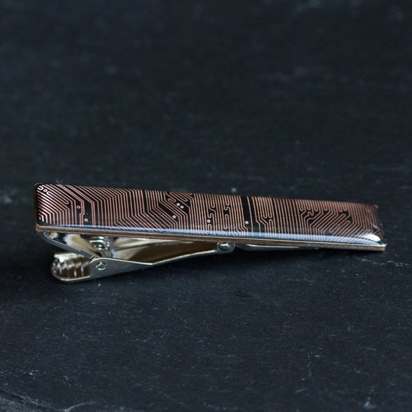 Black and Copper Circuit board Tie clip, tie bar, groomsmen tie clips, gift for husband - palladium plated, resin