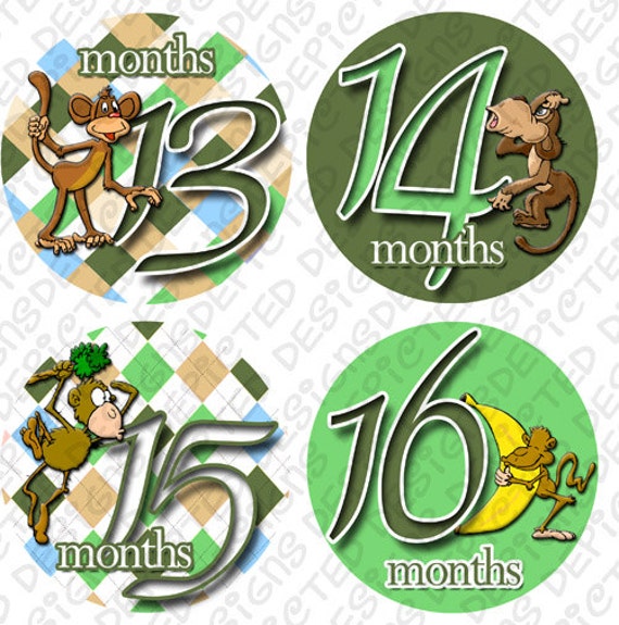 Monthly Baby Stickers - 13 to 24 months Baby Monthly Stickers - Bodysuit Romper Stickers - Month to Month Baby Stickers - BOYS MONKEYS