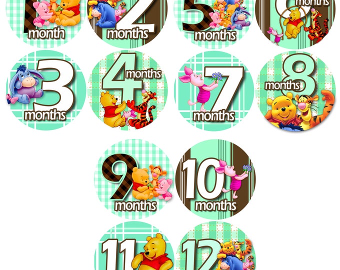 Monthly Baby Stickers WINNIE THE POOH 1-12 Belly Sticker Baby Boy Blue Girl Purple Green Pink Month Sticker Month Milestone Sticker Nursery
