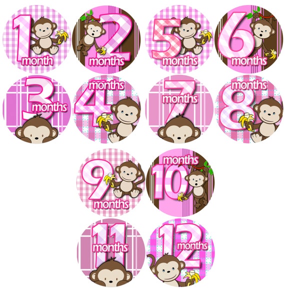 Monthly Baby Stickers - month to month baby stickers - Baby monthly stickers 1 to 12 months - Bodysuit Romper Stickers - GIRL BANANA MONKEY