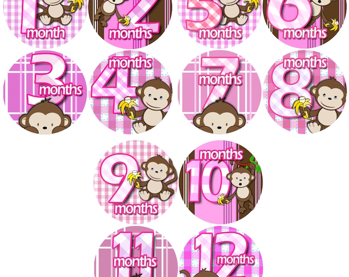 Monthly Baby Stickers - month to month baby stickers - Baby monthly stickers 1 to 12 months - Bodysuit Romper Stickers - GIRL BANANA MONKEY