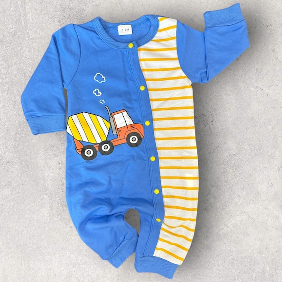 Boys Construction Blue and Yellow Baby Romper