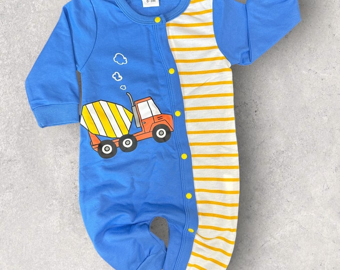 Boys Construction Blue and Yellow Baby Romper