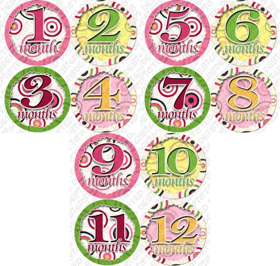 Monthly Baby Stickers - Baby monthly stickers 1 to 12 months - month to month baby stickers - Bodysuit Romper Stickers - DANCING COLORS