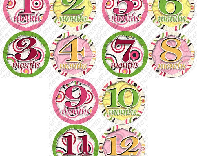 Monthly Baby Stickers - Baby monthly stickers 1 to 12 months - month to month baby stickers - Bodysuit Romper Stickers - DANCING COLORS