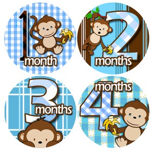 month to month baby stickers Baby monthly stickers 1 to 12 months Bodysuit Romper Stickers Monthly Baby Stickers BOY BANANA MONKEY image 1