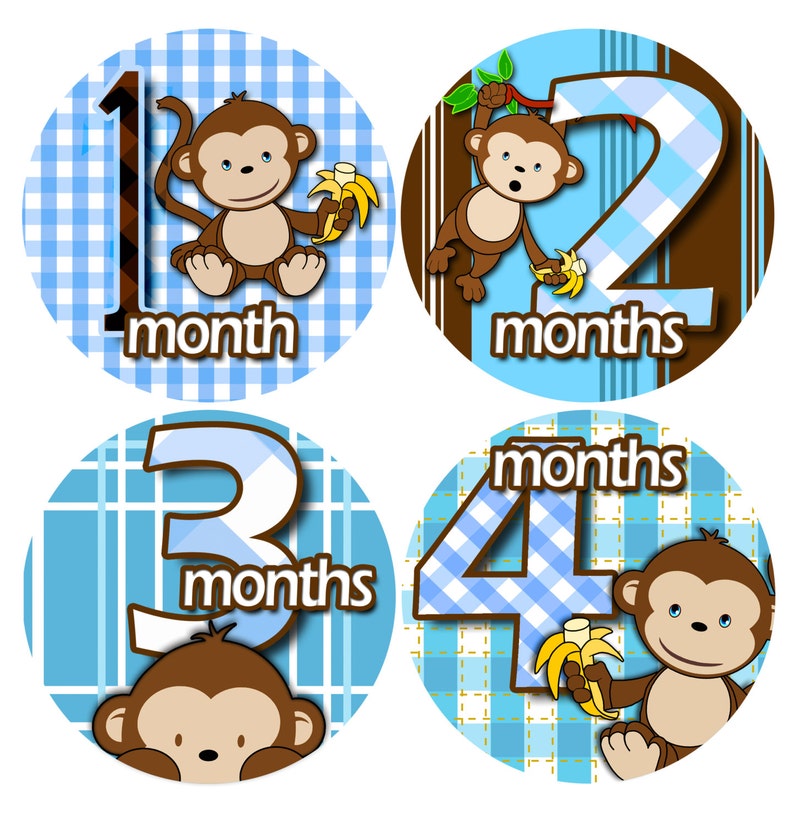 month to month baby stickers Baby monthly stickers 1 to 12 months Bodysuit Romper Stickers Monthly Baby Stickers BOY BANANA MONKEY image 1