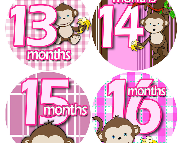 month to month baby stickers - Baby monthly stickers 13 - 24 months - Bodysuit Romper Stickers - Monthly Baby Stickers - GIRL BANANA MONKEY