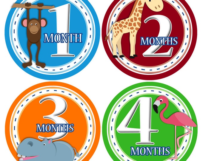 Baby Monthly Stickers 1 to 12 months Bodysuit Romper Stickers - Month to Month Baby Stickers Monthly Baby Stickers - SAFARI BOYS