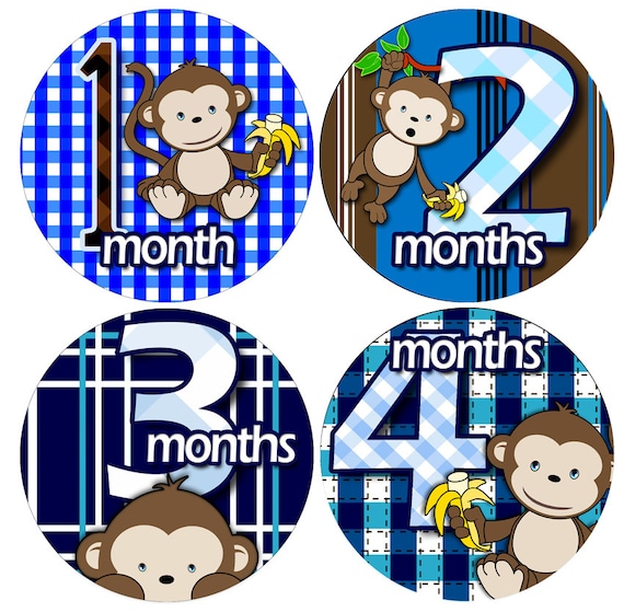 Bodysuit Romper Stickers - Month to Month Baby Stickers - Baby Monthly Stickers 1 to 12 months - Monthly Baby Stickers - NAVY BANANA MONKEY