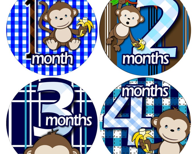 Bodysuit Romper Stickers - Month to Month Baby Stickers - Baby Monthly Stickers 1 to 12 months - Monthly Baby Stickers - NAVY BANANA MONKEY