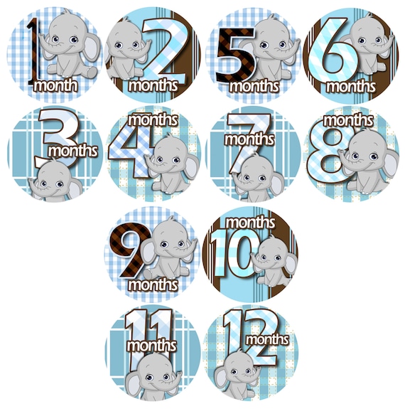 Baby Monthly Stickers 1 to 12 months Bodysuit Romper Stickers - Month to Month Baby Stickers Monthly Baby Stickers - GREY BLUE ELEPHANTS