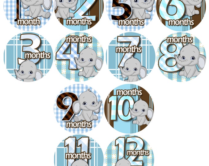 Baby Monthly Stickers 1 to 12 months Bodysuit Romper Stickers - Month to Month Baby Stickers Monthly Baby Stickers - GREY BLUE ELEPHANTS