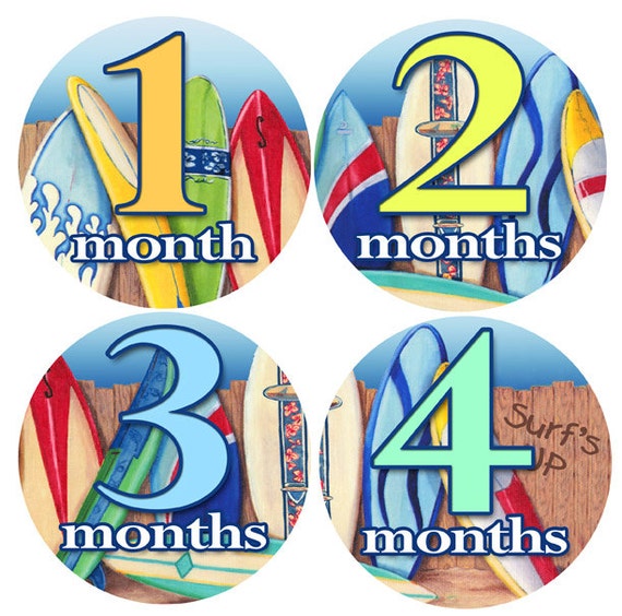 First Year Baby Stickers - Baby monthly stickers 1 to 12 months - Bodysuit Romper Stickers - Monthly Baby Stickers - SURFING SURFER STICKERS