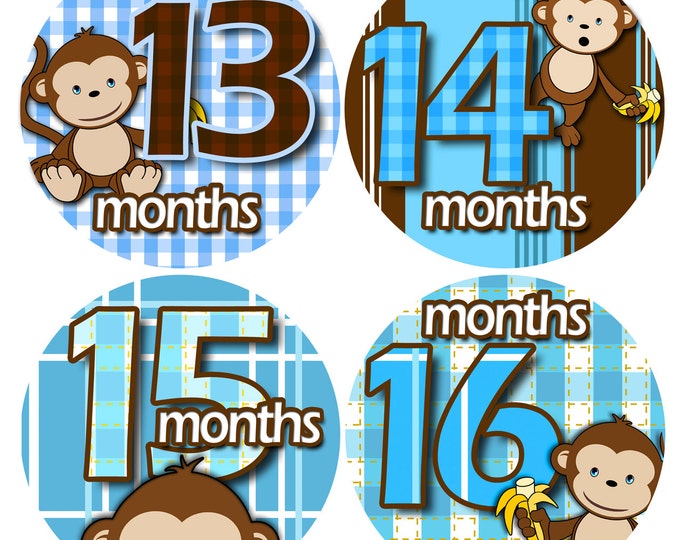 Bodysuit Romper Stickers - Month to Month baby stickers - Baby monthly stickers 13 - 24 months - Monthly Baby Stickers - BOY BANANA MONKEY