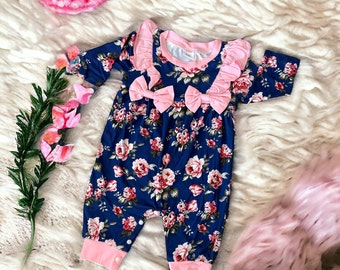 Newborn Baby Doll Clothes Ruffles Pink and Navy Blue Flowers Outfit Bodysuit Romper Pajamas One Piece Infant 0-3 Months Winter Long Sleeve