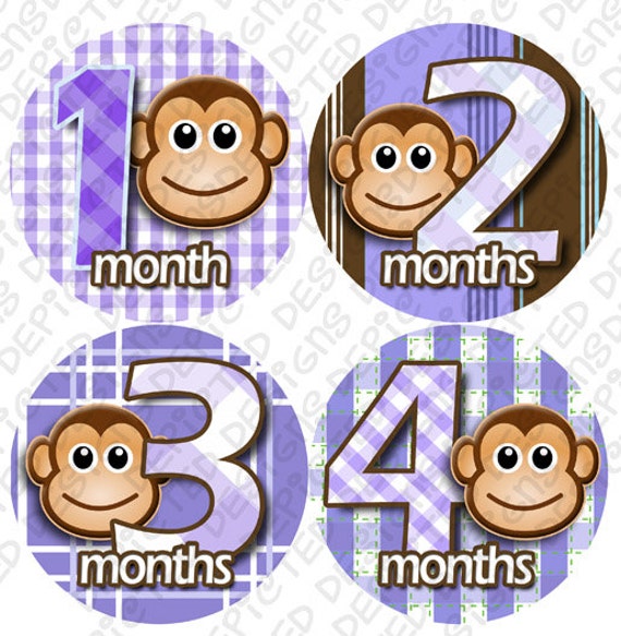 Baby monthly stickers 1 to 12 months - month to month baby stickers - Bodysuit Romper Stickers - Monthly Baby Stickers PURPLE MONKEY STRIPES