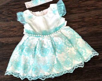 Tiffany Blue Easter Dress Matching Headband Newborn Baby Doll 20 Baby Clothes Lace Easter Dresses One Piece  0-3 Months Infant Girl NEW