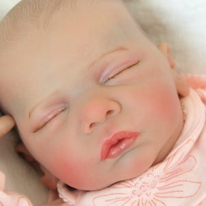 A serene baby doll in a pink outfit is sleeping, embodying tranquility and charm in its delicate appearance.