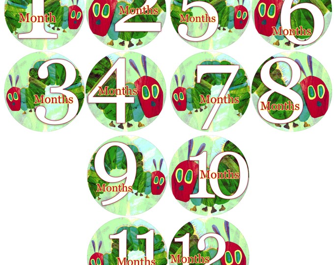 1 to 12 months Baby Monthly Stickers Bodysuit Romper Stickers - Month to Month Baby Stickers Monthly Baby Stickers - HUNGRY CATERPILLAR