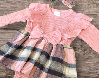 Fiocco rosa con fascia, pagliaccetto scozzese per neonato, bambola