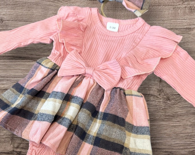 Pink Bow With Headband Plaid Baby Romper Newborn Baby Doll 20" Baby Clothes Bodysuit Pajamas One Piece Infant 0-3 Months Dress Infant NEW