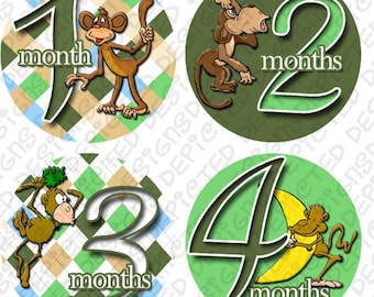 Monthly Baby Stickers - Baby monthly stickers 1 to 12 months - month to month baby stickers - Bodysuit Romper Stickers - GREEN MONEKYS