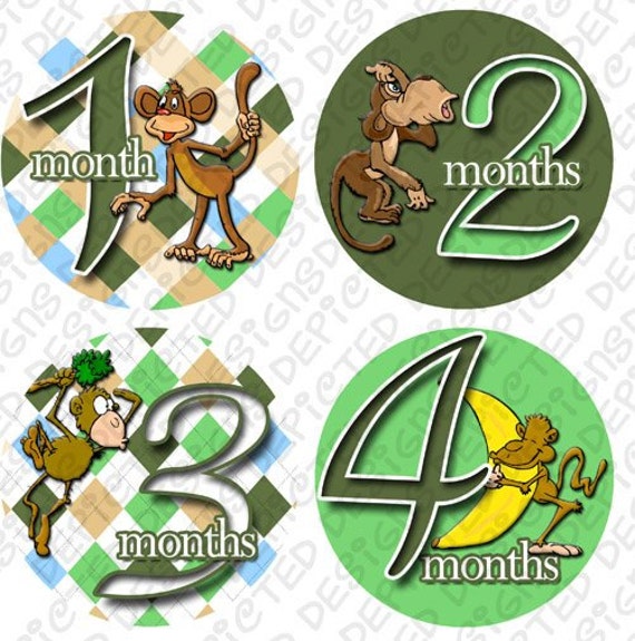 Monthly Baby Stickers - Baby monthly stickers 1 to 12 months - month to month baby stickers - Bodysuit Romper Stickers - GREEN MONEKYS