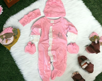 Newborn Baby Doll 20 inch Baby Clothes Ruffles Hi I'm New Here Pink Bodysuit Romper Pajamas One Piece Infant 0-3 Months With Headband PJ Set