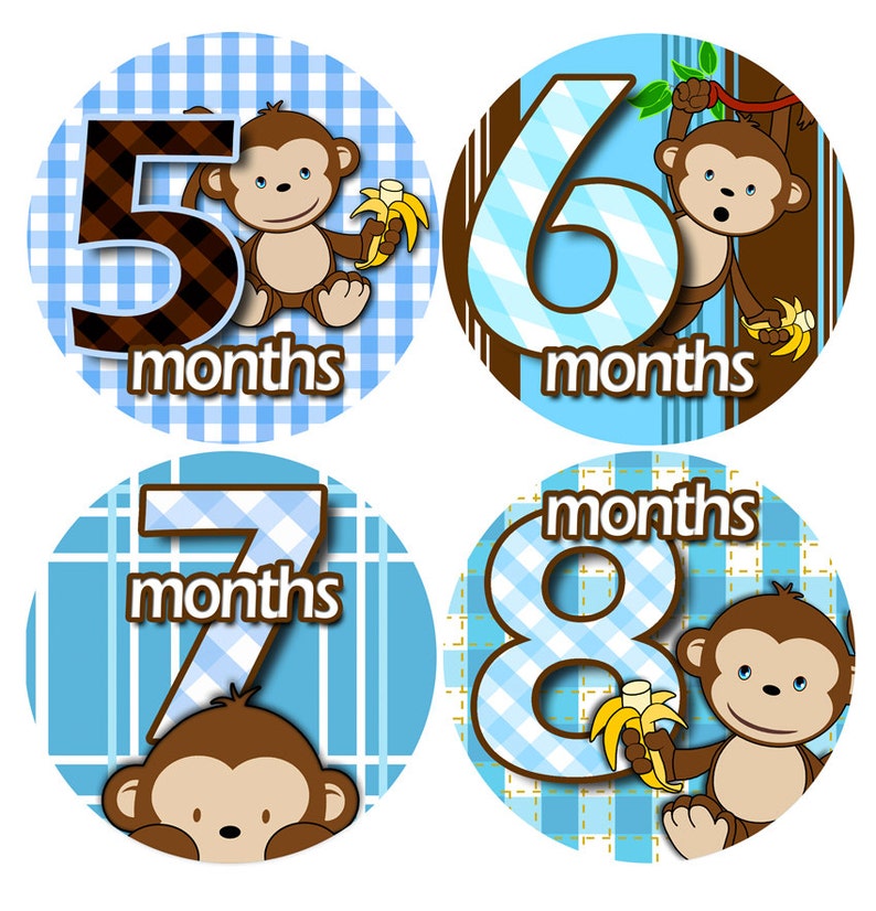 month to month baby stickers Baby monthly stickers 1 to 12 months Bodysuit Romper Stickers Monthly Baby Stickers BOY BANANA MONKEY image 2