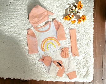 Newborn Baby Doll Hi Im New Here Clothes Ruffles Coral Rainbow Bodysuit Romper Pajamas One Piece Infant 0-3 Months With Headband Hat PJ Set