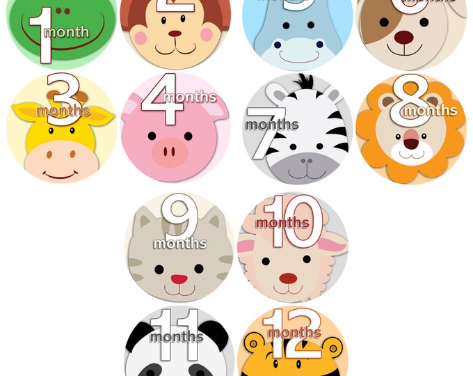 month to month baby stickers - Baby monthly stickers 1 to 12 months - Bodysuit Romper Stickers - Monthly Baby Stickers - ANIMAL FACES